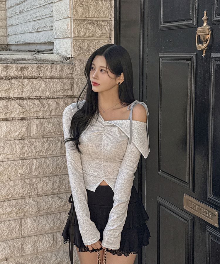 オフショルダースリットクロップ長袖Tシャツ GREY