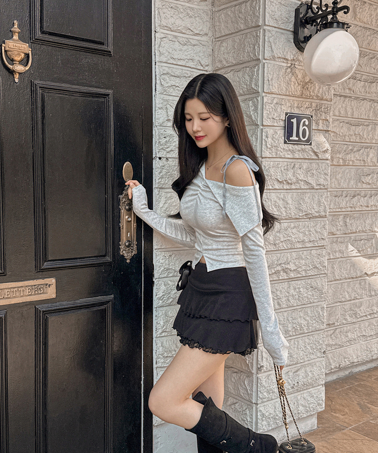 オフショルダースリットクロップ長袖Tシャツ GREY