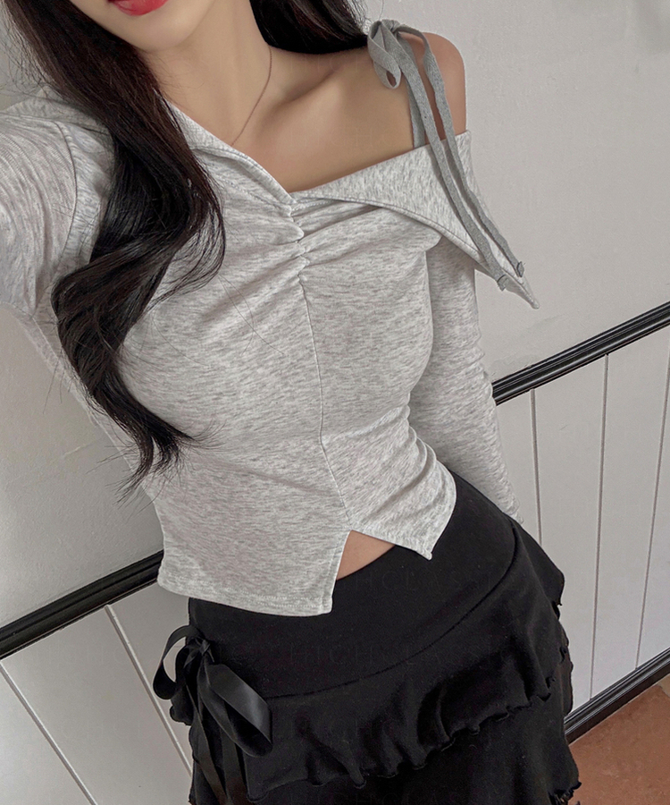 オフショルダースリットクロップ長袖Tシャツ GREY