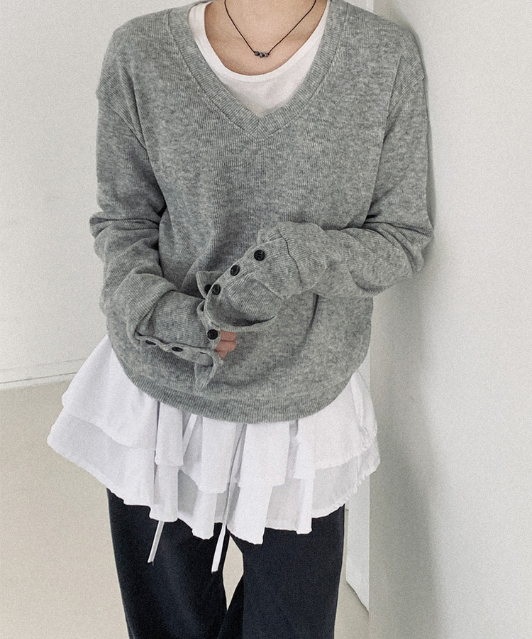 ウールボタンVネックニット GREY