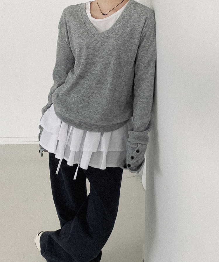 ウールボタンVネックニット GREY