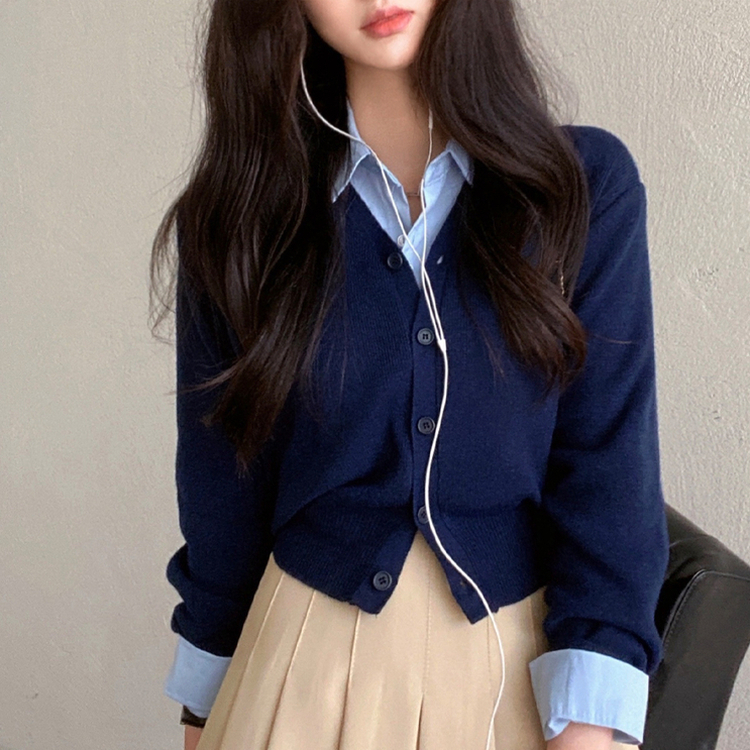 Vネックレイヤードニットガーディガン(9color) NAVY