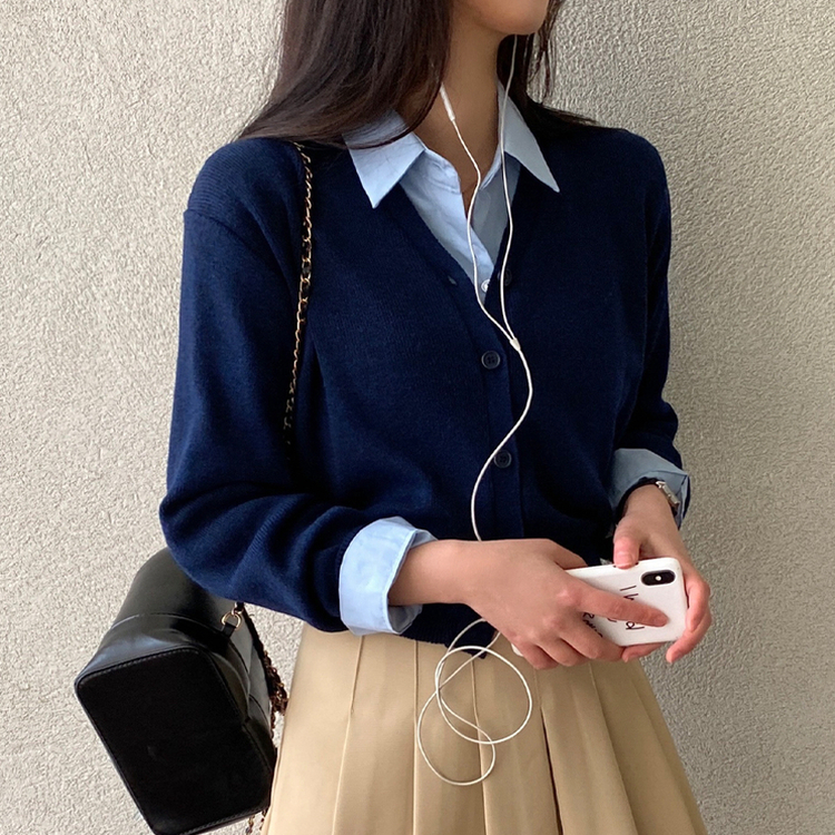 Vネックレイヤードニットガーディガン(9color) NAVY