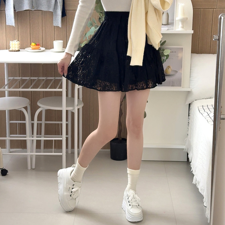 レースフレアミニスカート BLACK