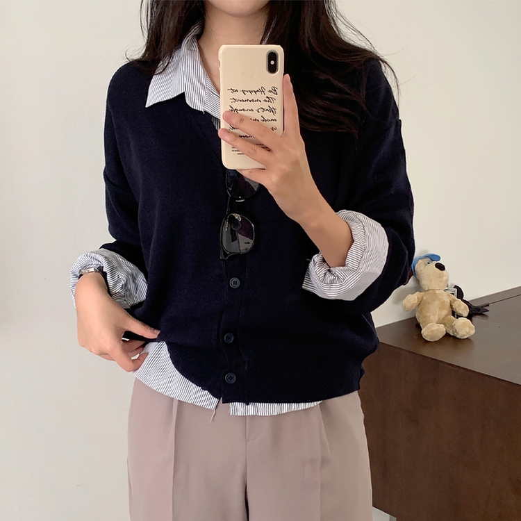 Vネックルーズニットカーディガン(13color) NAVY