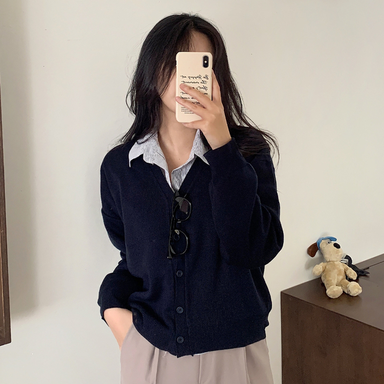 Vネックルーズニットカーディガン(13color) NAVY