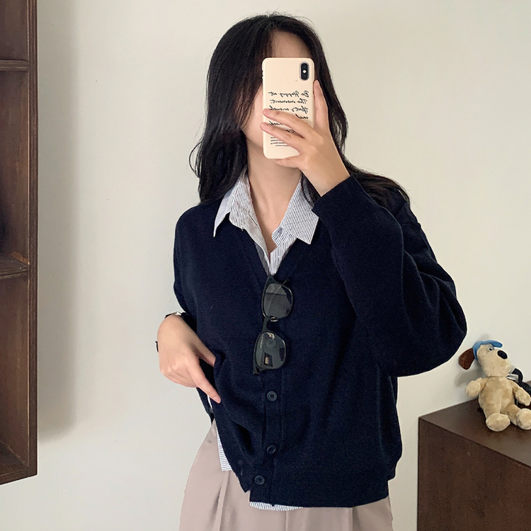 Vネックルーズニットカーディガン(13color) NAVY