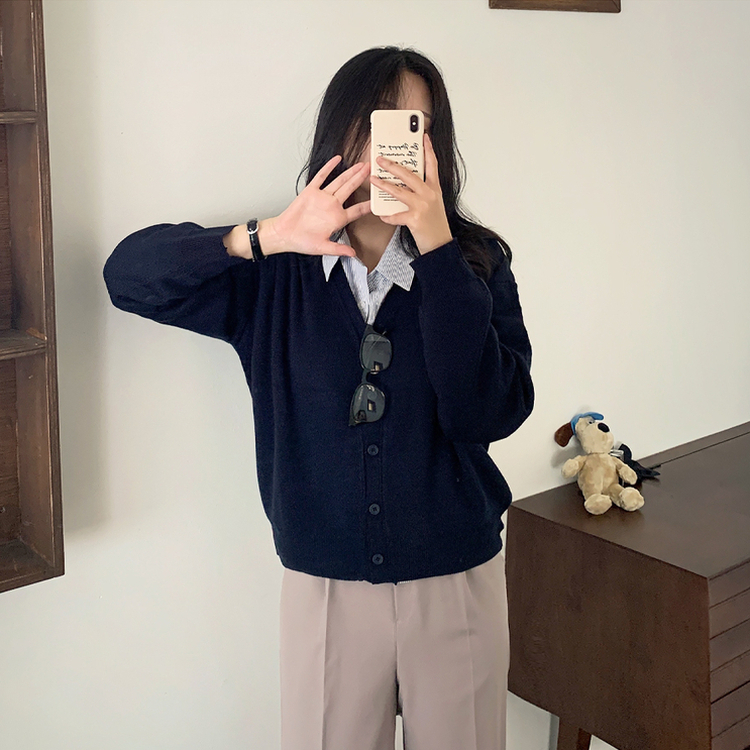 Vネックルーズニットカーディガン(13color) NAVY