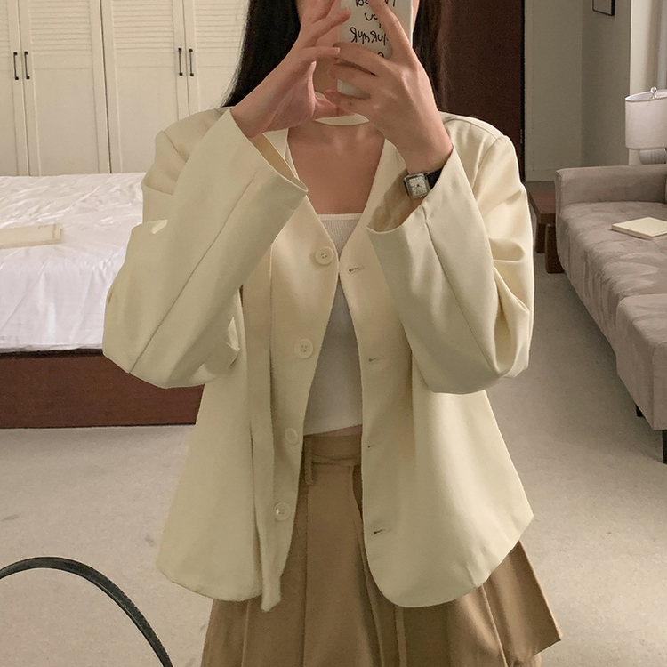 【タイ付き】ノーカラーショートVネックジャケット IVORY