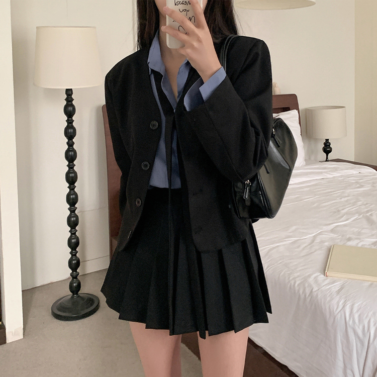 【タイ付き】ノーカラーショートVネックジャケット BLACK