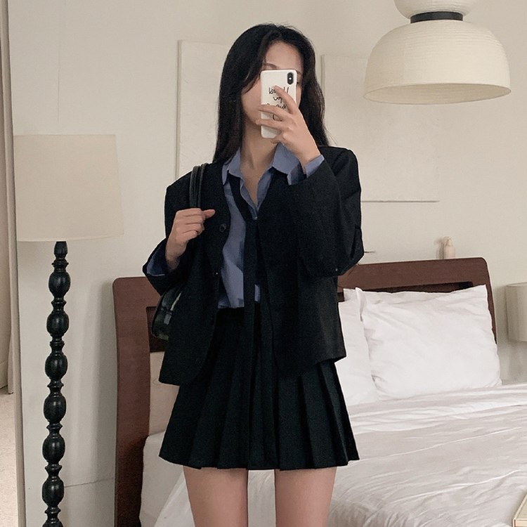 【タイ付き】ノーカラーショートVネックジャケット BLACK