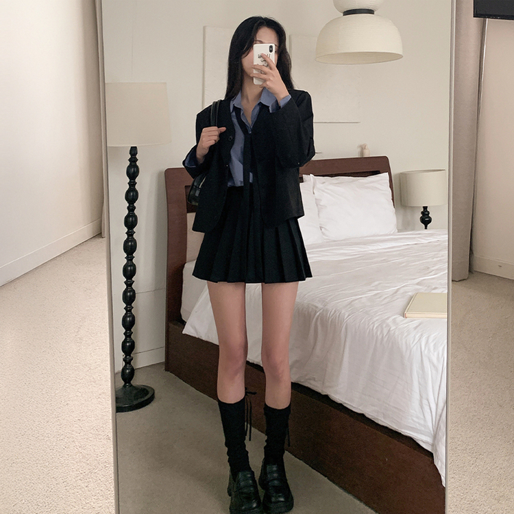 【タイ付き】ノーカラーショートVネックジャケット BLACK