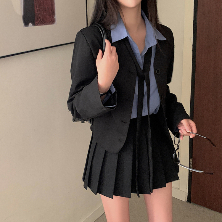 【タイ付き】ノーカラーショートVネックジャケット BLACK