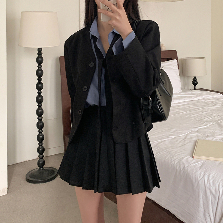 【タイ付き】ノーカラーショートVネックジャケット BLACK