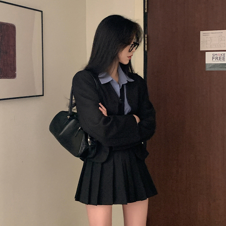 【タイ付き】ノーカラーショートVネックジャケット BLACK
