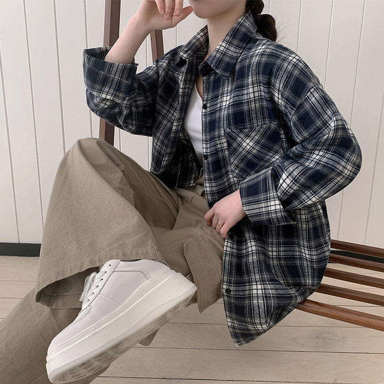 オーバーフィットチェックポケットシャツ NAVY