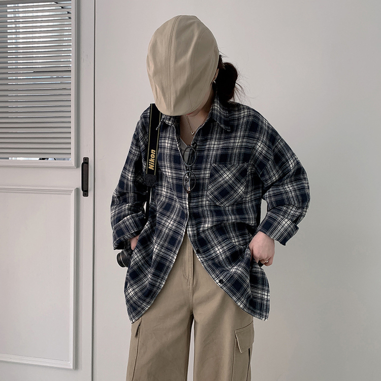 オーバーフィットチェックポケットシャツ NAVY
