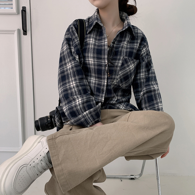 オーバーフィットチェックポケットシャツ NAVY