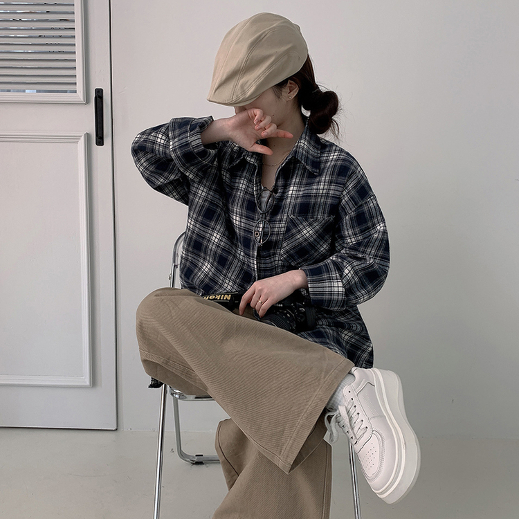 オーバーフィットチェックポケットシャツ NAVY