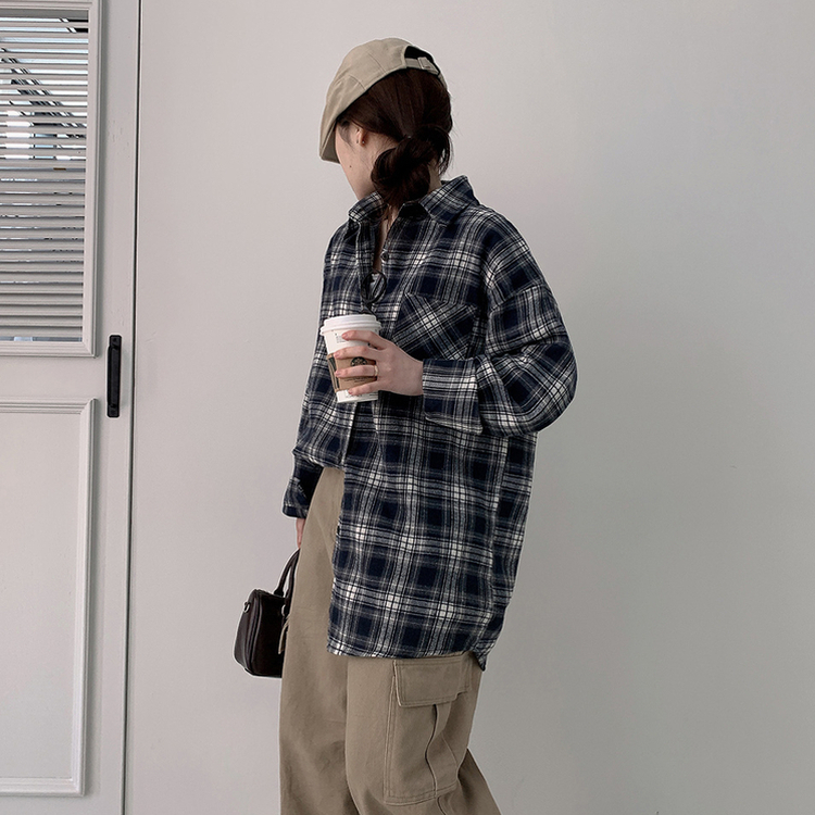 オーバーフィットチェックポケットシャツ NAVY