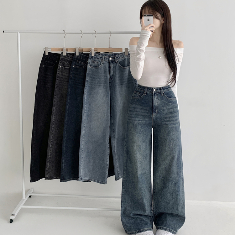 【丈別】ウォッシングハイウエストデニムパンツ(5color) VINTAGE DEEP BLUE