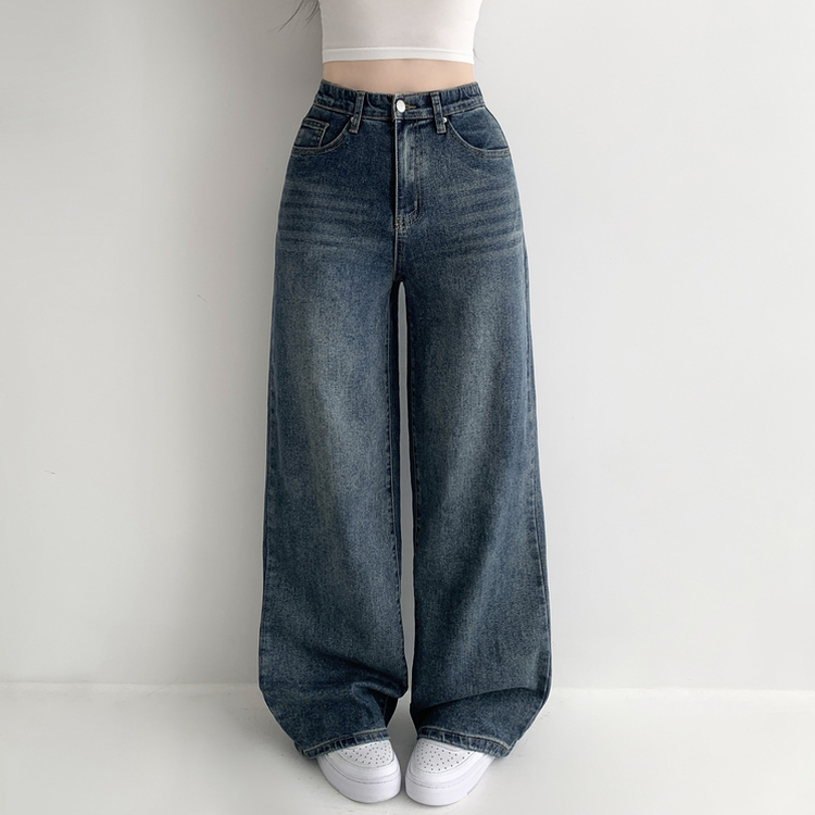 【丈別】ウォッシングハイウエストデニムパンツ(5color) VINTAGE DEEP BLUE