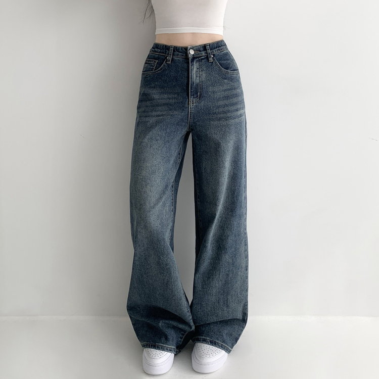 【丈別】ウォッシングハイウエストデニムパンツ(5color) VINTAGE DEEP BLUE