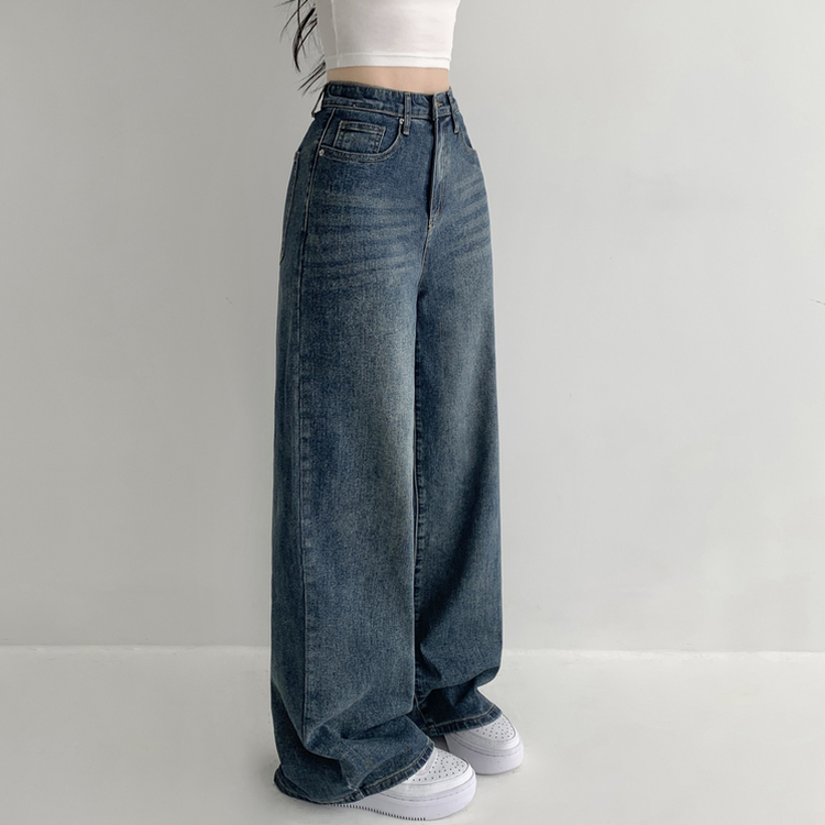 【丈別】ウォッシングハイウエストデニムパンツ(5color) VINTAGE DEEP BLUE