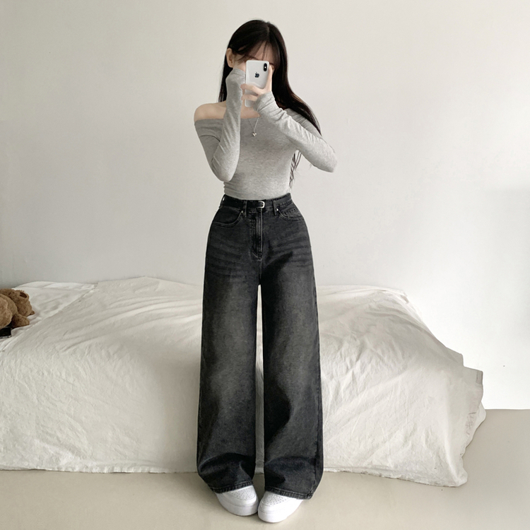 【丈別】ウォッシングハイウエストデニムパンツ(5color) GREY