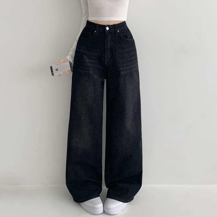 【丈別】ウォッシングハイウエストデニムパンツ(5color) BLACK DENIM