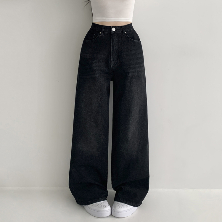 【丈別】ウォッシングハイウエストデニムパンツ(5color) BLACK DENIM