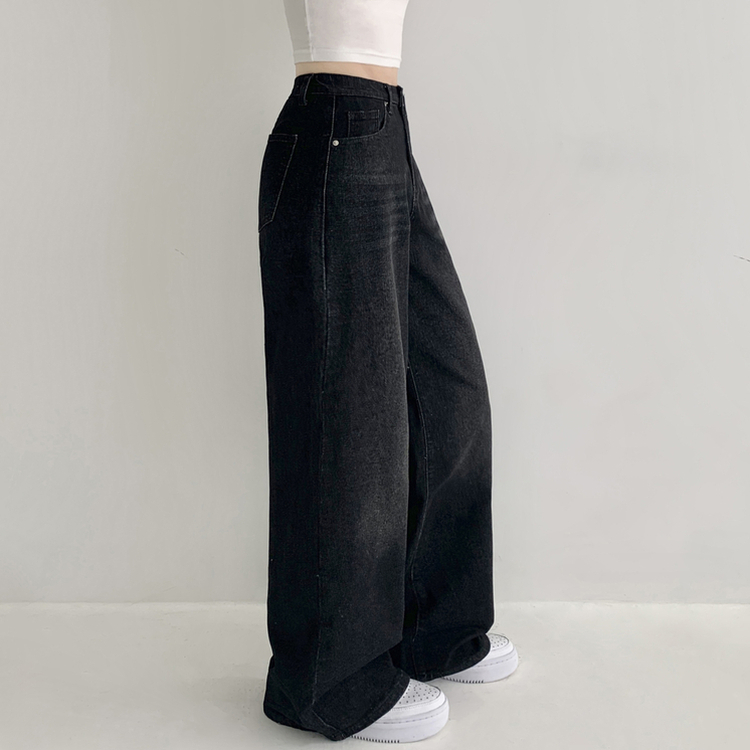 【丈別】ウォッシングハイウエストデニムパンツ(5color) BLACK DENIM
