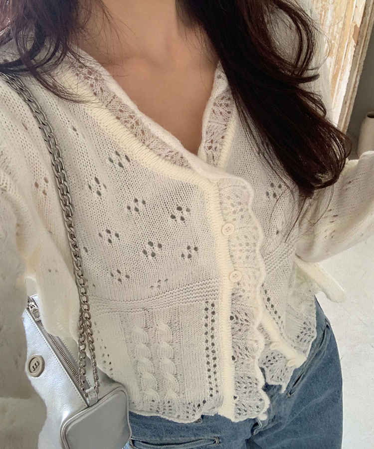 ウールレースVネックニットカーディガン IVORY