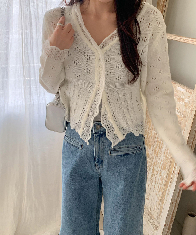 ウールレースVネックニットカーディガン IVORY
