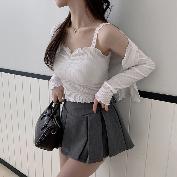 【SET】クロップカーディガン シャーリングキャミソール IVORY
