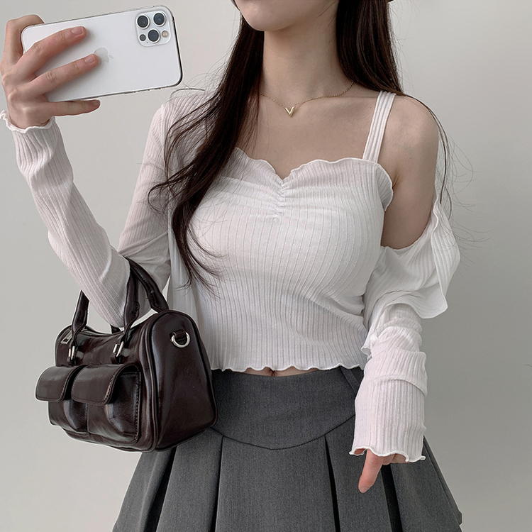 【SET】クロップカーディガン シャーリングキャミソール IVORY