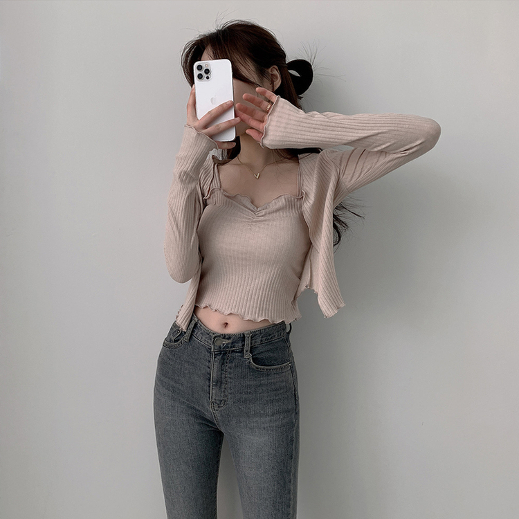 【SET】クロップカーディガン シャーリングキャミソール BEIGE