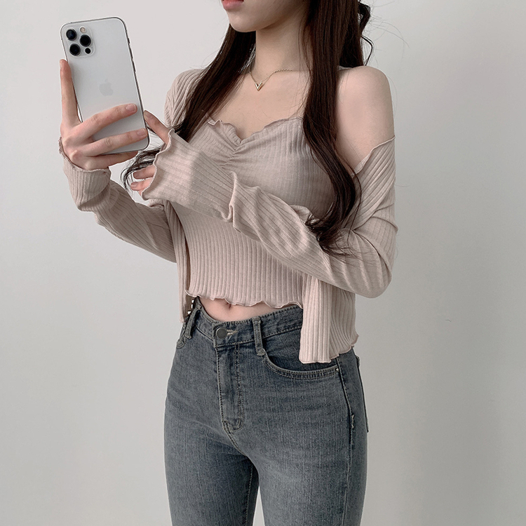 【SET】クロップカーディガン シャーリングキャミソール BEIGE