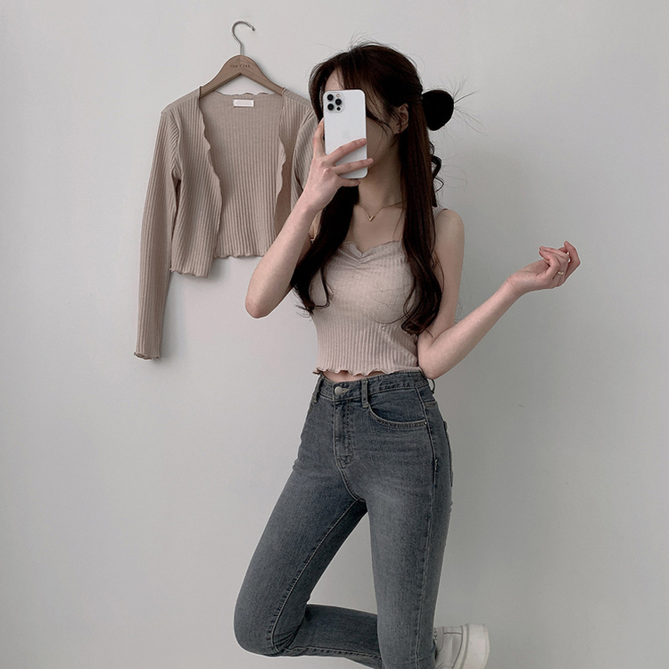 【SET】クロップカーディガン シャーリングキャミソール BEIGE