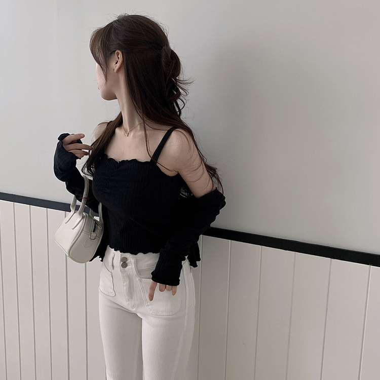 【SET】クロップカーディガン シャーリングキャミソール BLACK