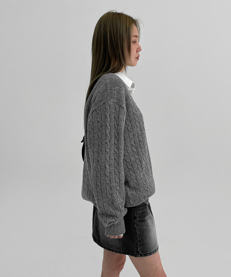 ケーブルVネックニット MELANGE GRAY