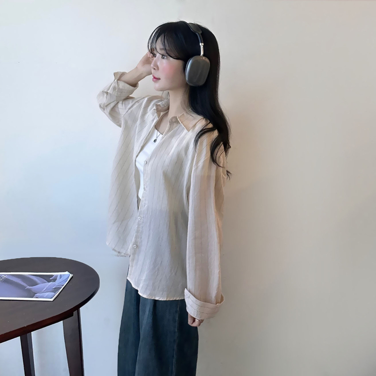 ストライプベーシックルーズ長袖シャツ BEIGE