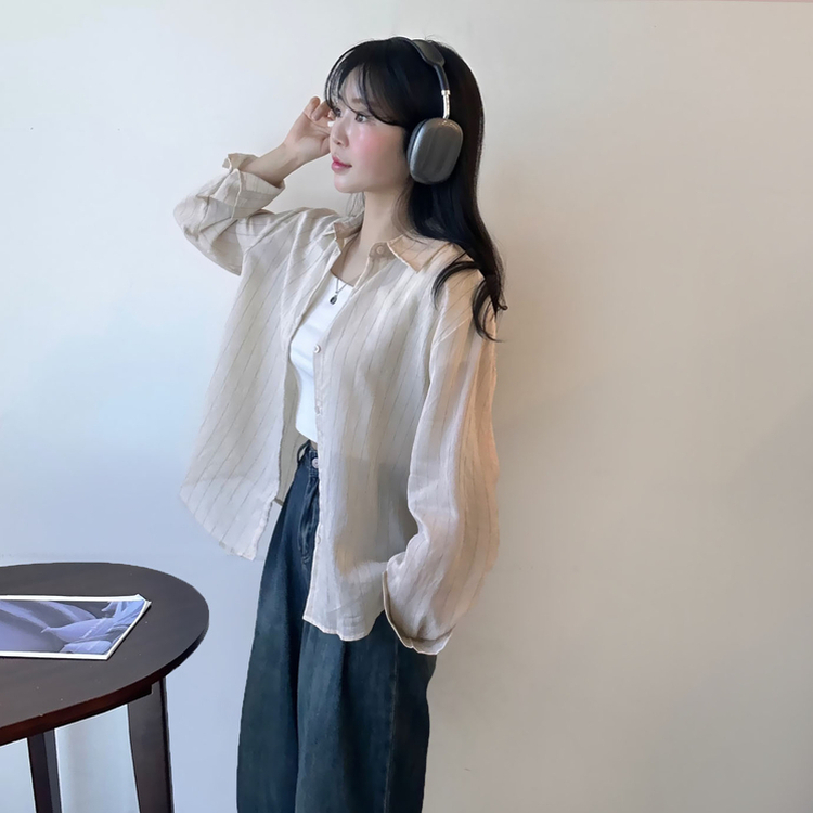ストライプベーシックルーズ長袖シャツ BEIGE