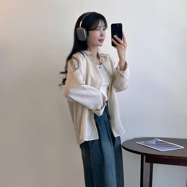 ストライプベーシックルーズ長袖シャツ BEIGE