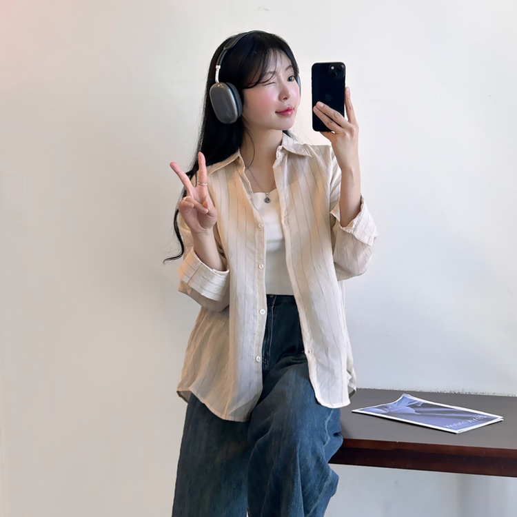 ストライプベーシックルーズ長袖シャツ BEIGE