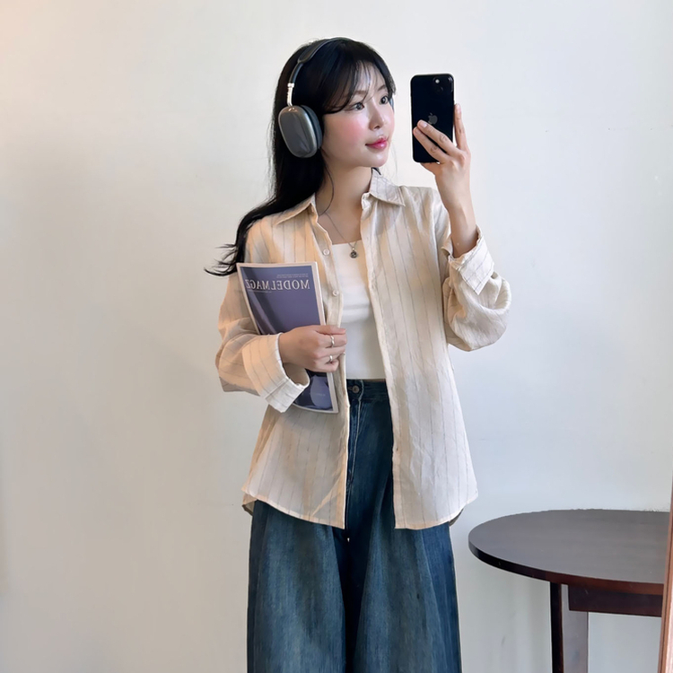 ストライプベーシックルーズ長袖シャツ BEIGE