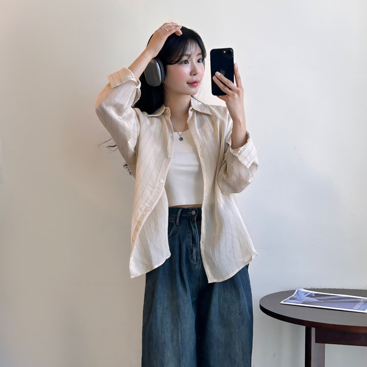 ストライプベーシックルーズ長袖シャツ BEIGE