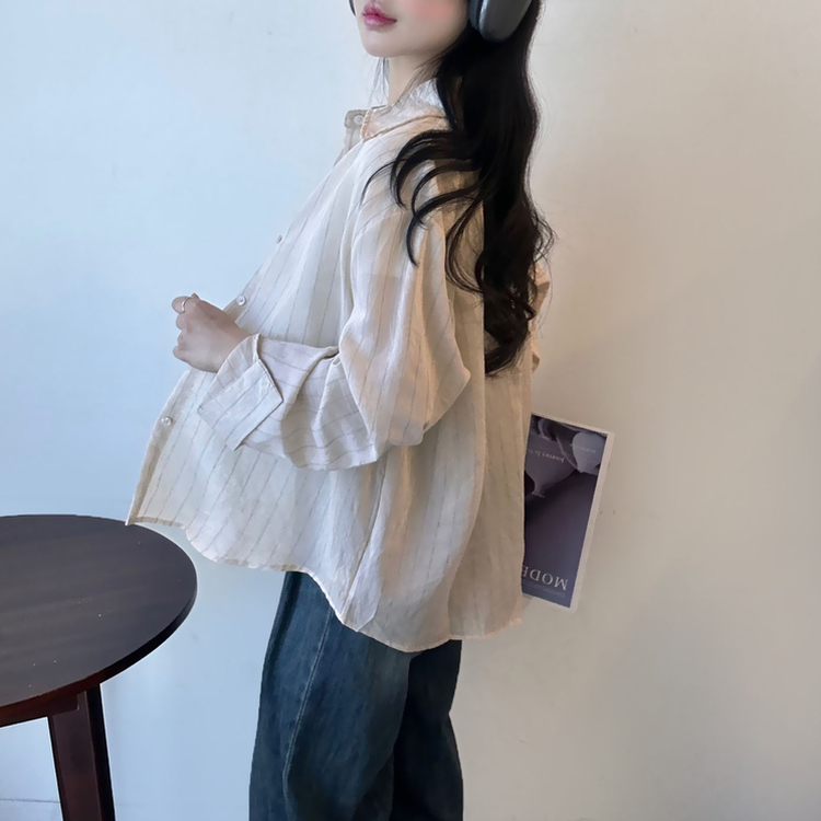 ストライプベーシックルーズ長袖シャツ BEIGE