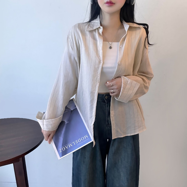 ストライプベーシックルーズ長袖シャツ BEIGE