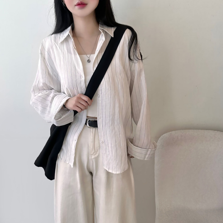 ストライプベーシックルーズ長袖シャツ IVORY